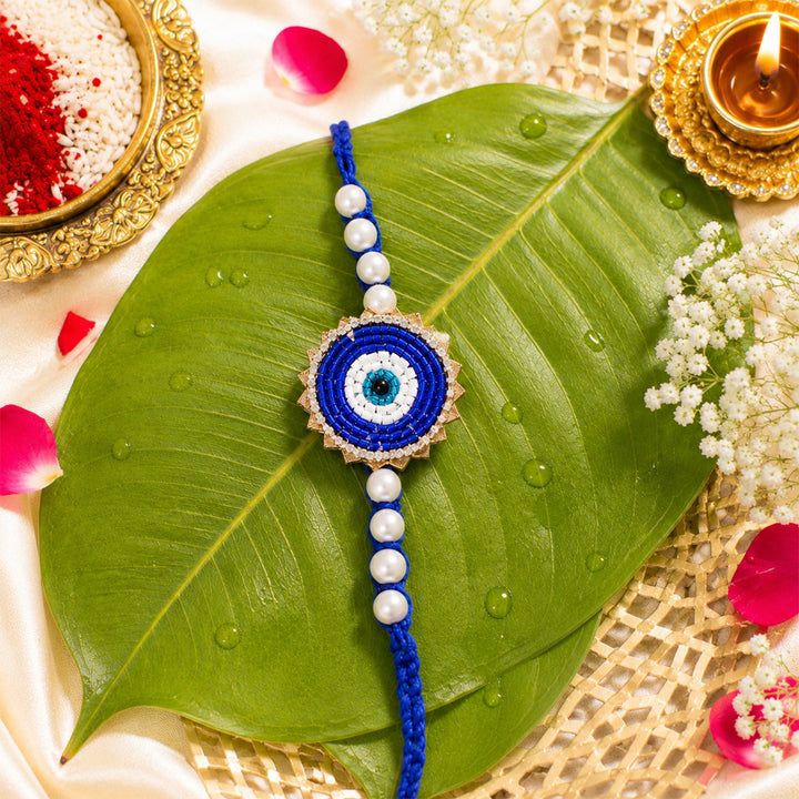 Handmade Beaded Evil Eye Pearl Rakhi With Roli Chawal For Brother
