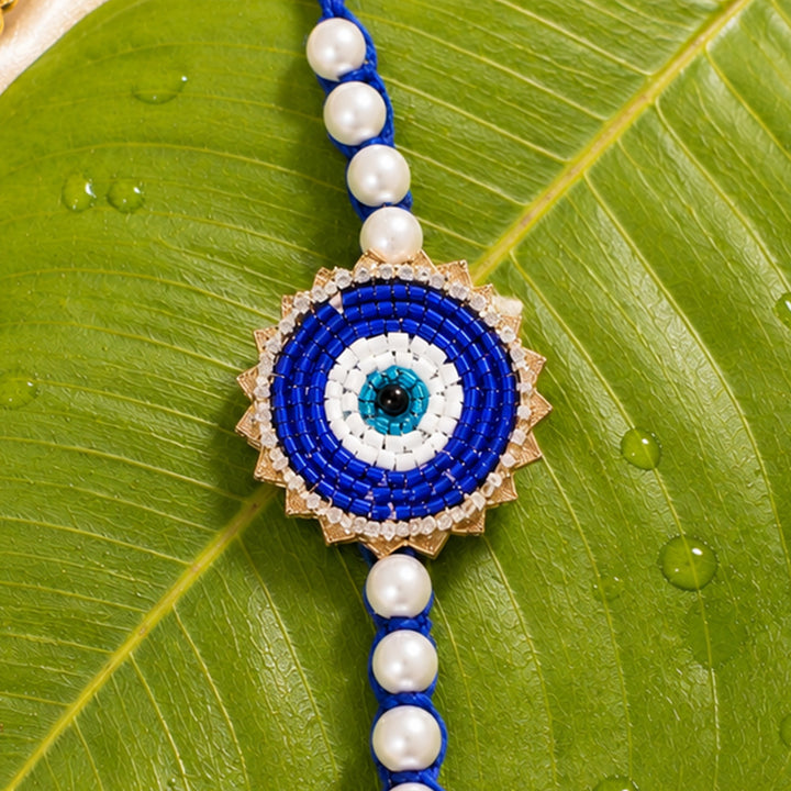 Handmade Beaded Evil Eye Pearl Rakhi With Roli Chawal For Brother