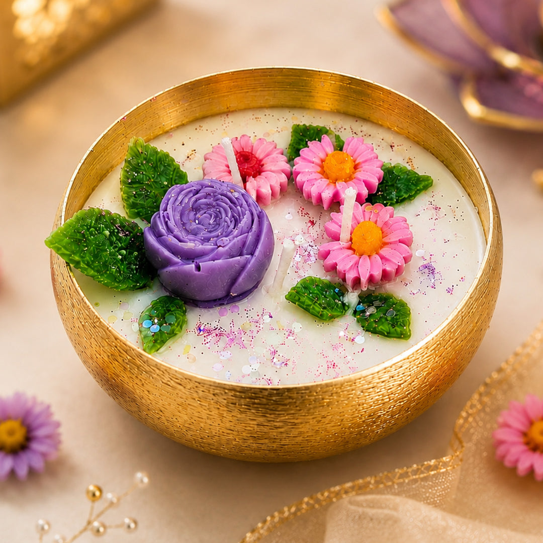 Handcrafted Royal Rose Floral Brass Urli Jasmine Scented Soy Wax Candle
