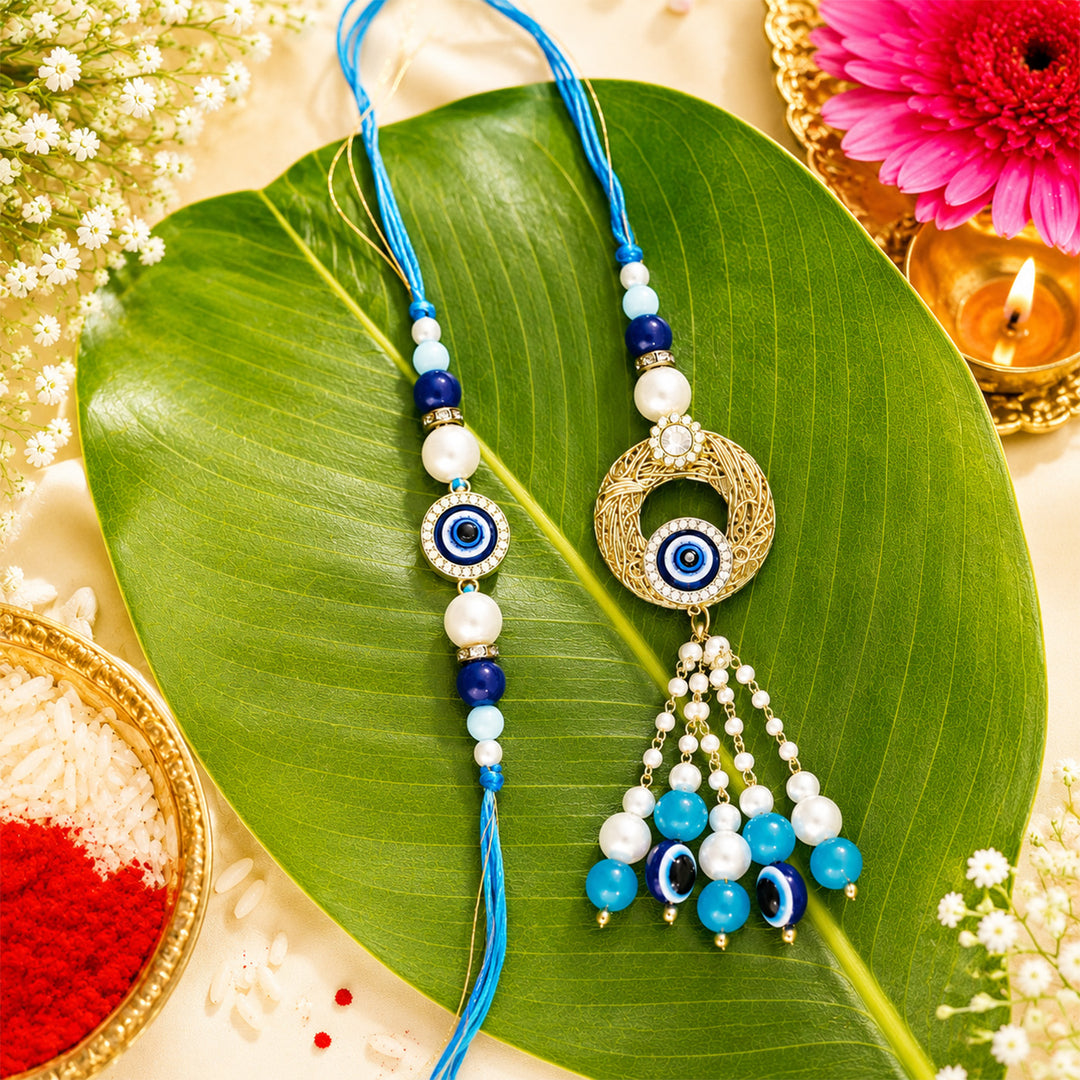 Handmade Beaded Evil Eye Rakhi & Golden Lumba Gift Set For Bhaiya Bhabhi | Set of 2