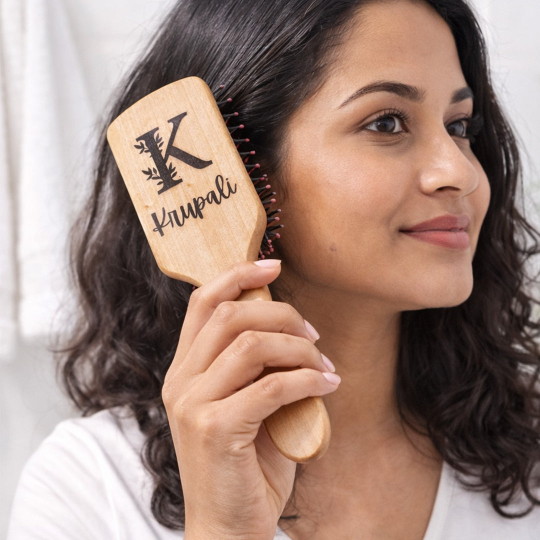 Personalized Leafy Paddle Bamboo Wooden Hair Brush