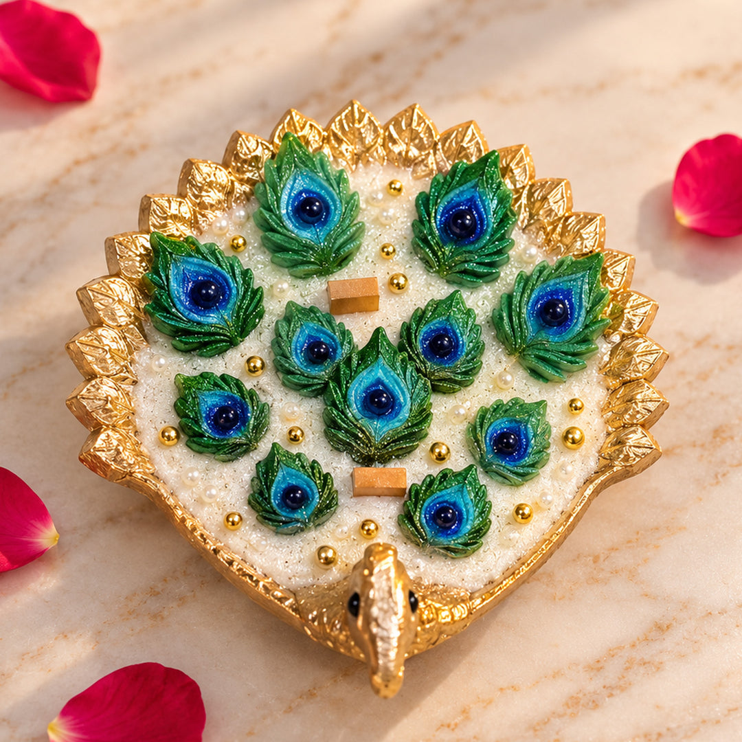 Handcrafted Royal Peacock Feather Brass Urli Sandalwood Scented Soy Wax Candle With Pearl Accents