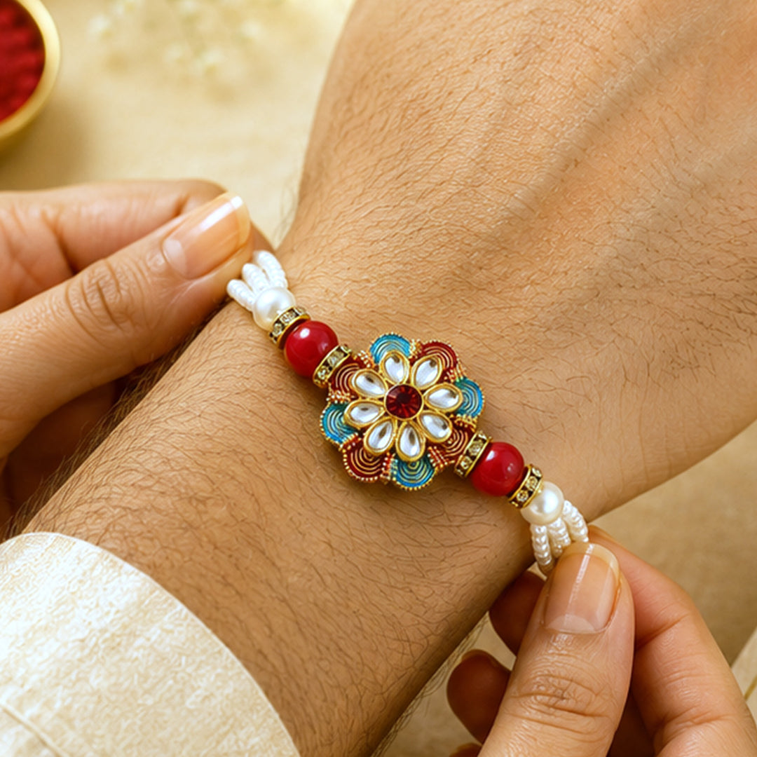 Handmade Beaded Kundan Pearl Bracelet Rakhi With Roli Chawal For Brother