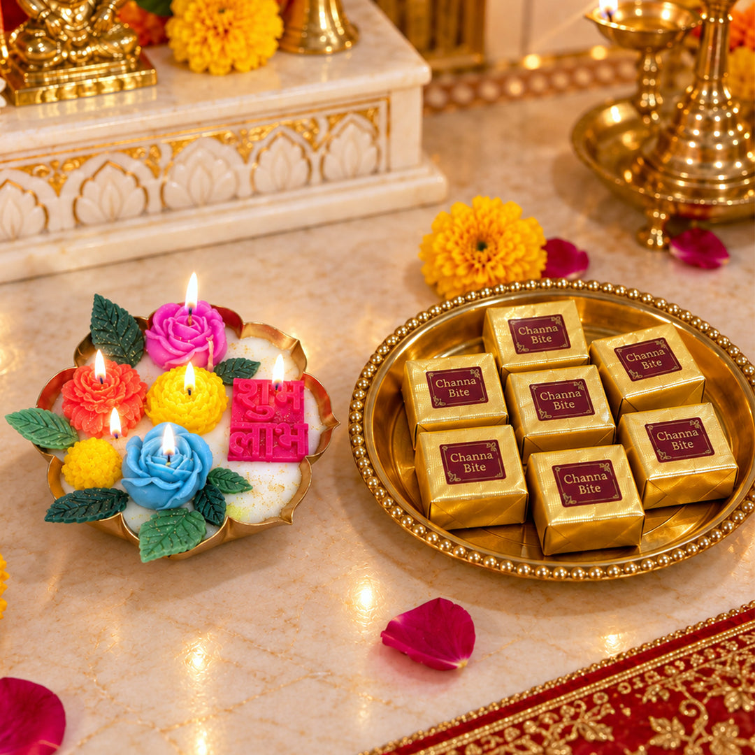 Shubh Labh Floral Lotus Urli Scented Candle & Mithai Diwali Gift Hamper