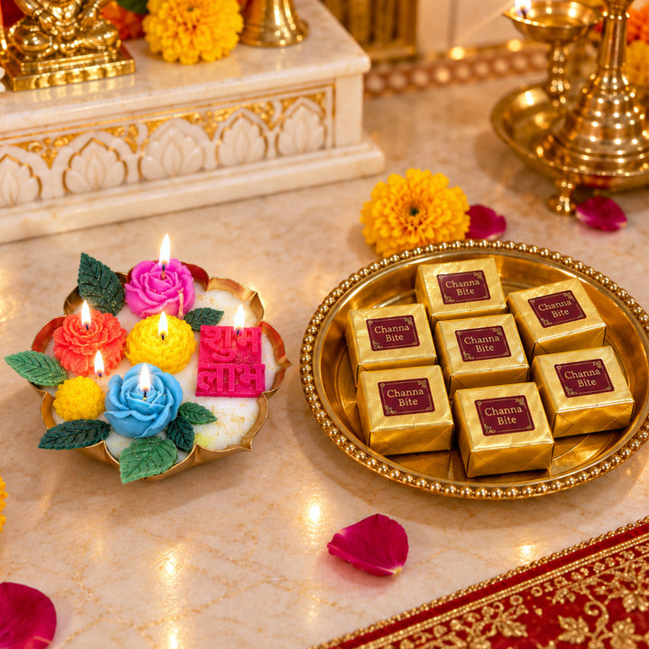 Shubh Labh Floral Lotus Urli Scented Candle & Mithai Diwali Gift Hamper