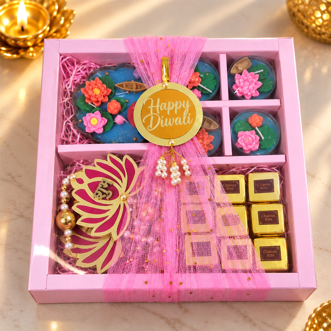 Shubh Labh Lakshmi Lotus Blessings Urli Candle, Tealight & Mithai Diwali Gift Hamper