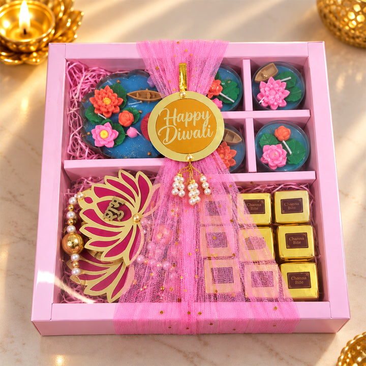 Shubh Labh Lakshmi Lotus Blessings Urli Candle, Tealight & Mithai Diwali Gift Hamper