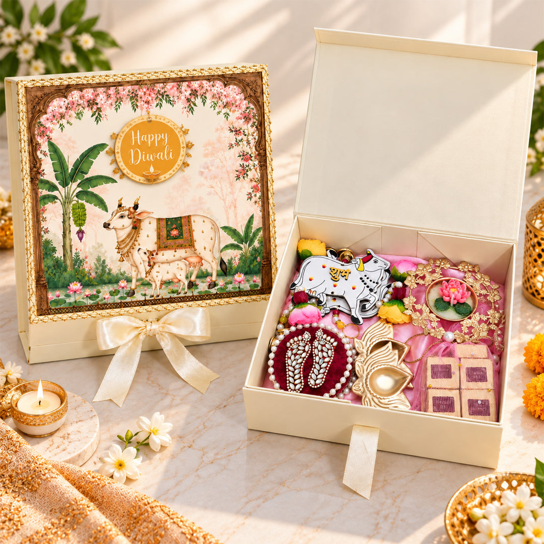 Pichwai Theme Lakshmi Paduka, Brass Diya & Mithai Diwali Gift Hamper