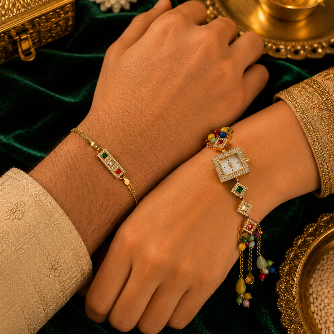 Handmade Kundan & Pearl Rang Mahal Polki-Style Rakhi & Bhabhi Watch Combo For Bhaiya Bhabhi | Set of 2