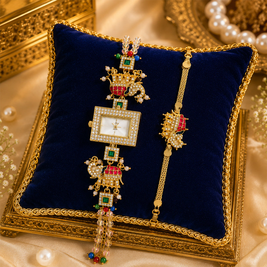 Handmade Kundan & Pearl Shahi Gajraj Elephant Motif Rakhi & Bhabhi Watch Combo For Bhaiya Bhabhi | Set of 2