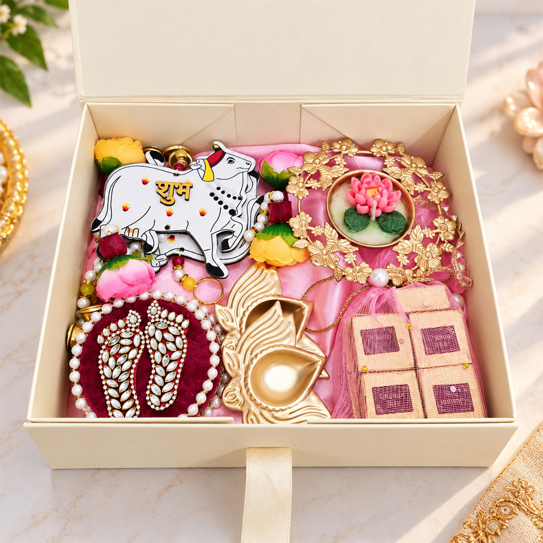 Pichwai Theme Lakshmi Paduka, Brass Diya & Mithai Diwali Gift Hamper