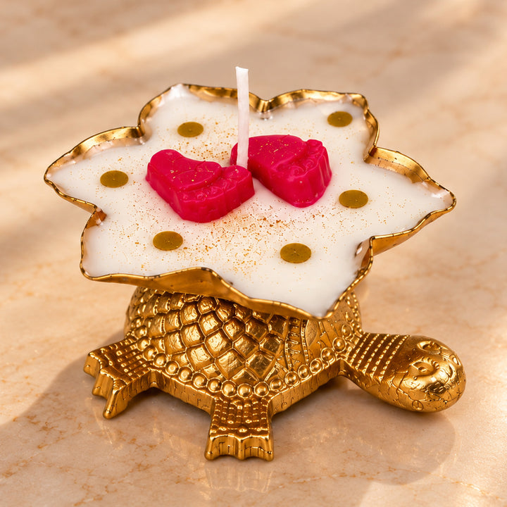 Handcrafted Royal Turtle Laxmi Paduka Golden Aluminium Mogra Scented Soy Wax Candle