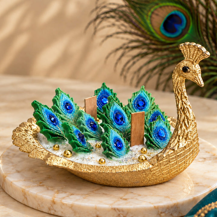 Handcrafted Royal Peacock Feather Brass Urli Sandalwood Scented Soy Wax Candle With Pearl Accents