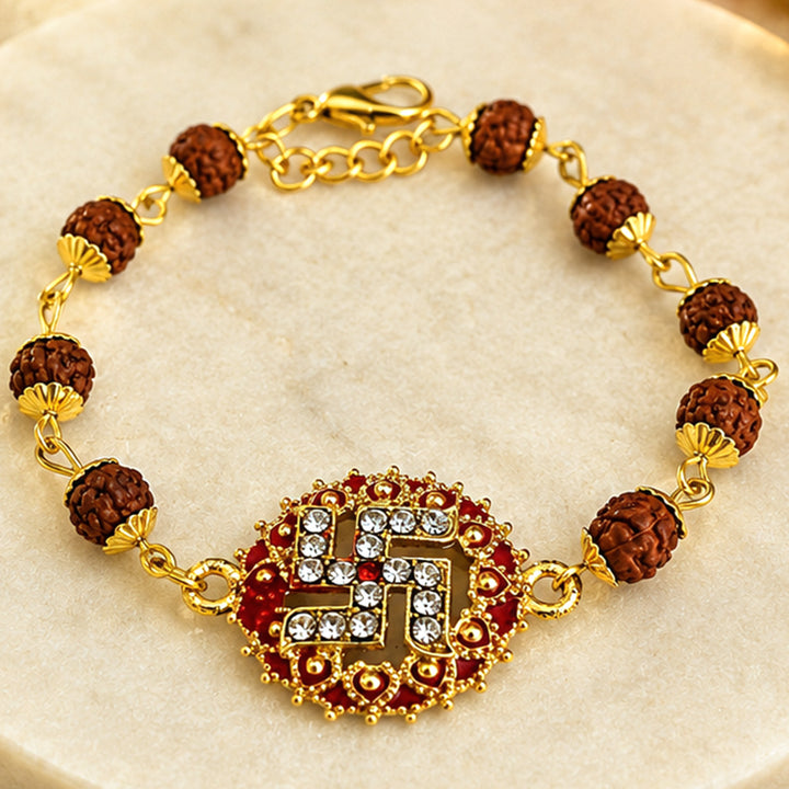 Handmade Beaded Swastik Rakhi Gift Hamper With Roli Chawal For Brother