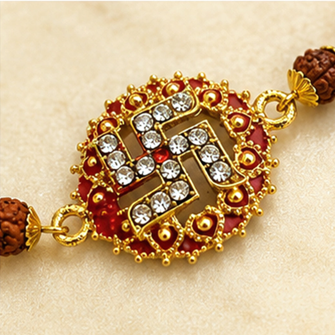 Handmade Beaded Swastik Rakhi Gift Hamper With Roli Chawal For Brother
