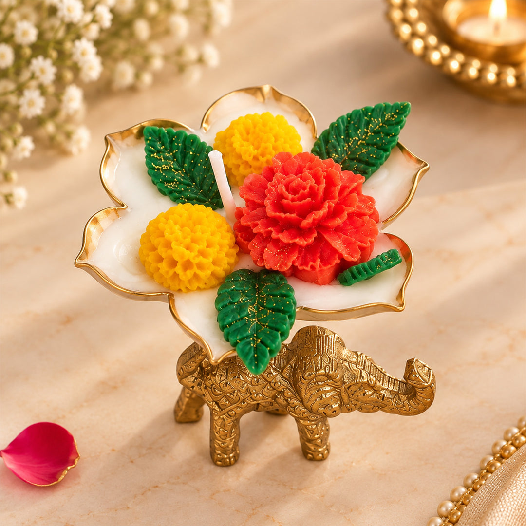 Handcrafted Royal Elephant Bloom Floral Golden Aluminium Mogra Scented Soy Wax Candle