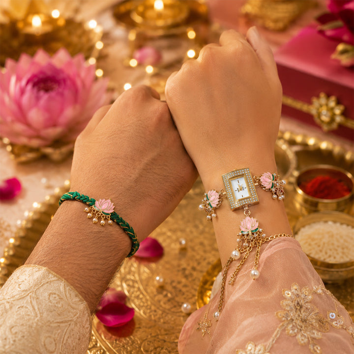 Handmade Kundan & Pearl Lotus Royale Rakhi & Bhabhi Watch Cuff Combo For Bhaiya Bhabhi | Set of 2
