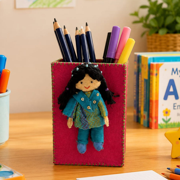 Handmade Pink & Green Pen Stand with Detachable Veera Doll