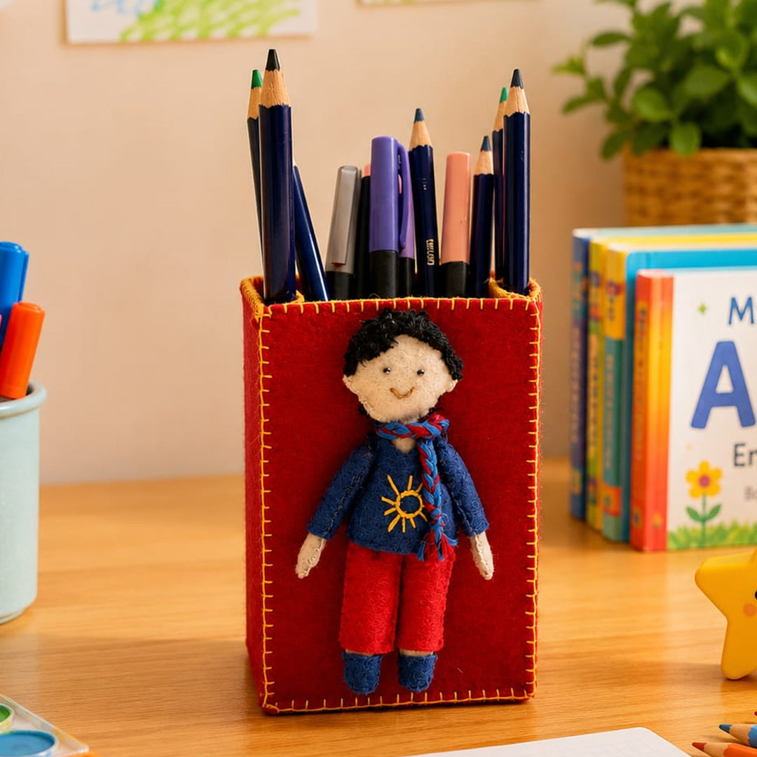 Handmade Maroon & Yellow Pen Stand with Detachable Joy Doll