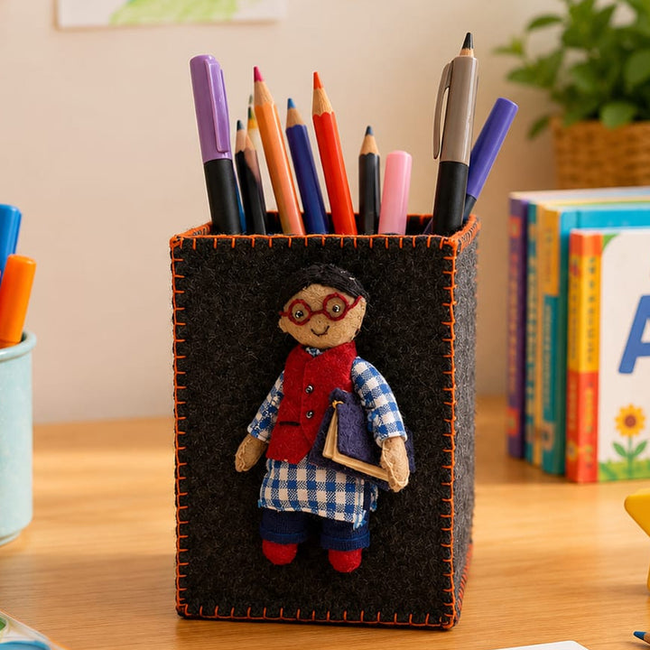 Handmade Dark Grey & Orange Pen Stand with Detachable Azad Doll