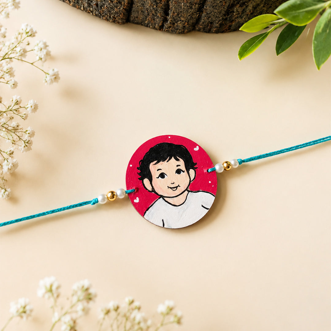 Photo Personalized Handpainted Reusable Caricature Mdf Wood Rakhi With Roli Chawal For Baby Brother