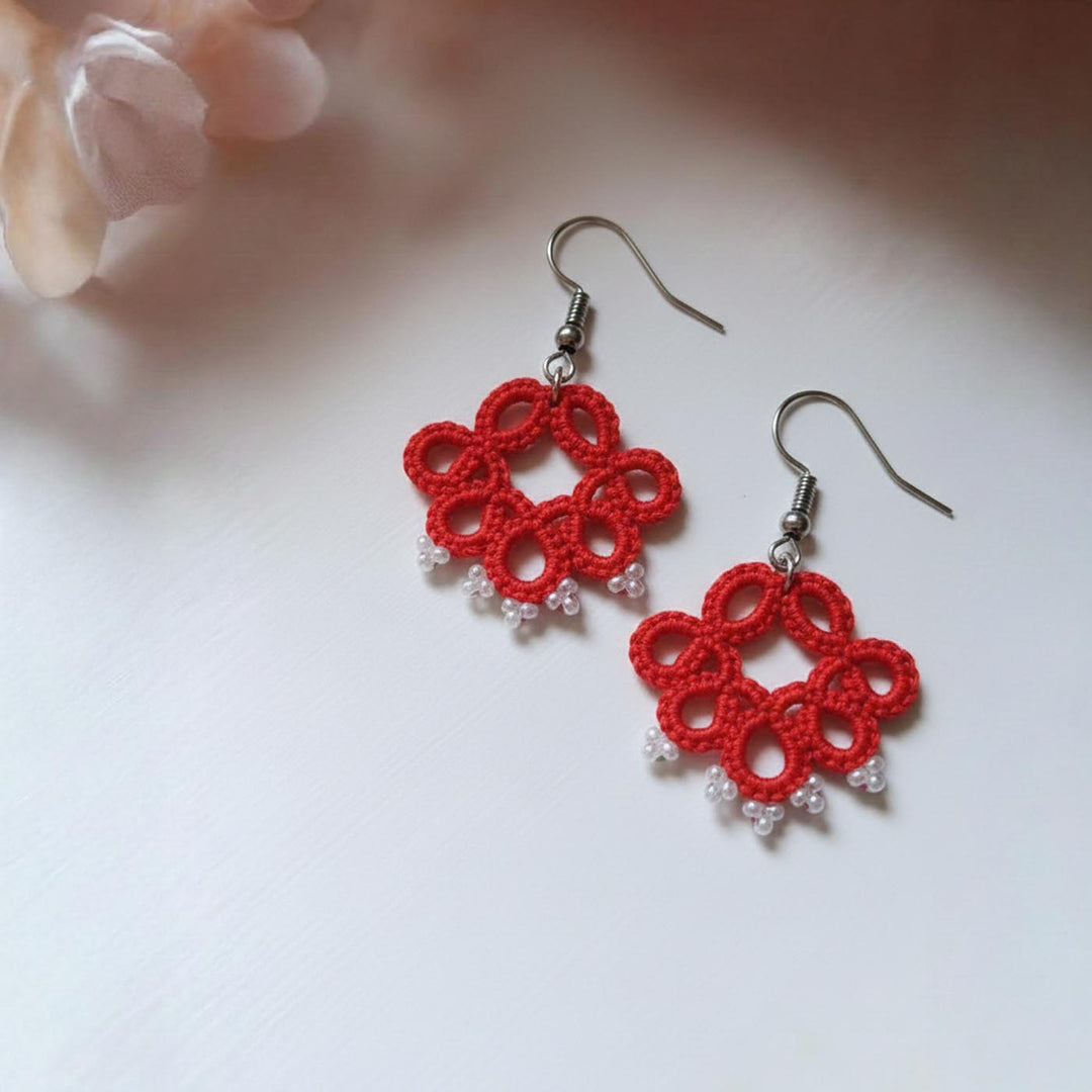 Handmade Red Crimson Dots Lace Cotton Earrings