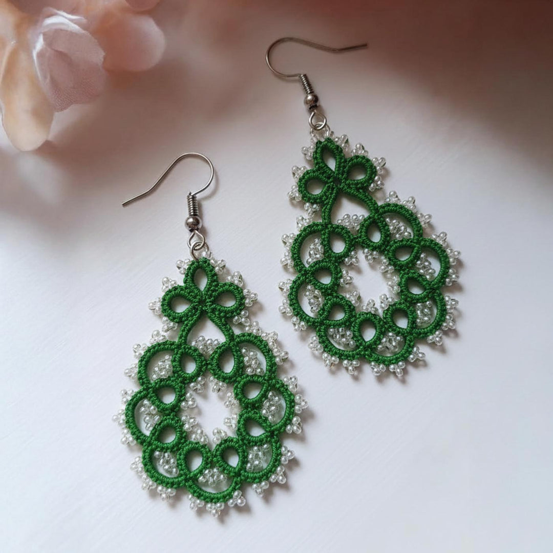 Handmade Emerald Whirl Lace Cotton Earrings
