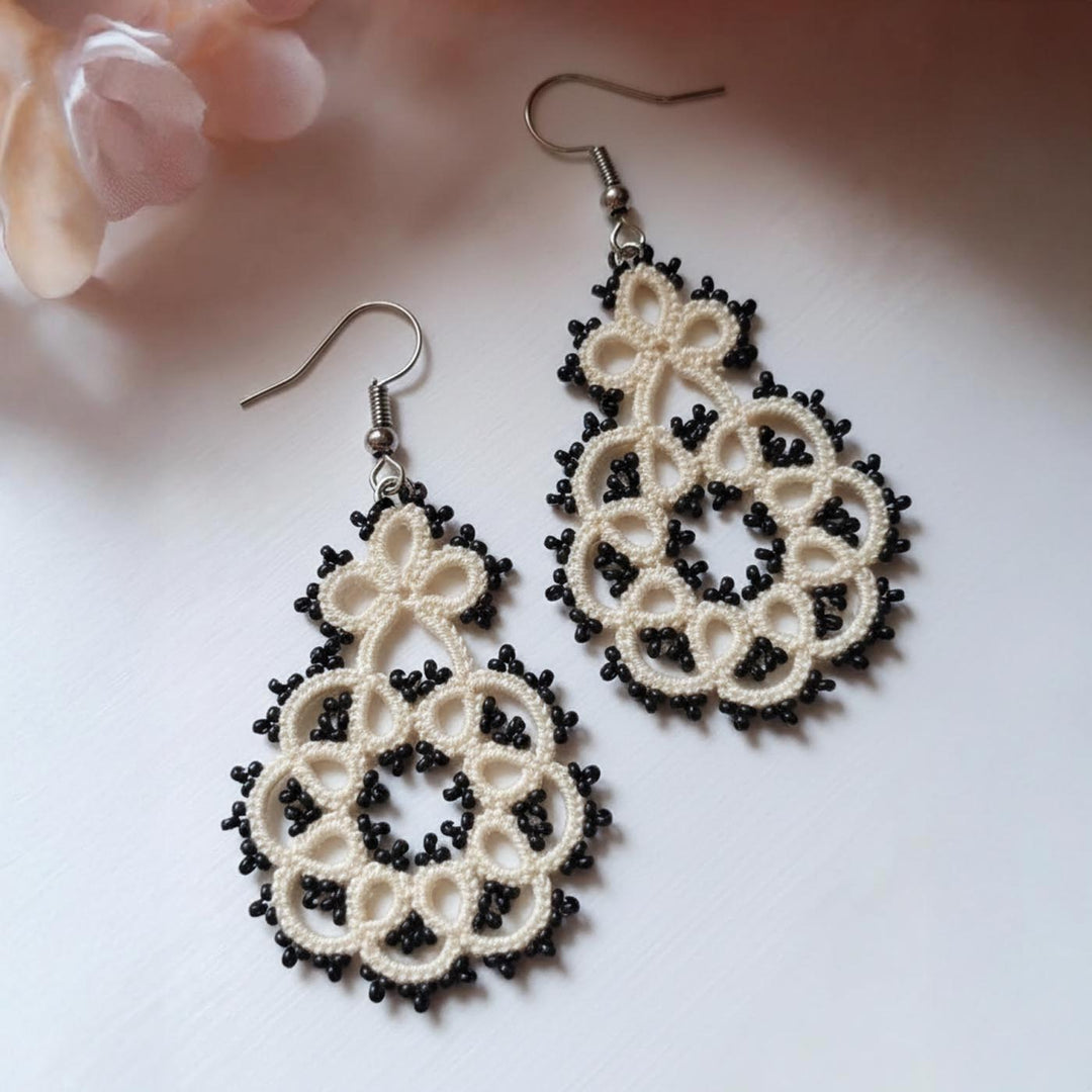 Handmade Ivory Noir Lace Cotton Earrings