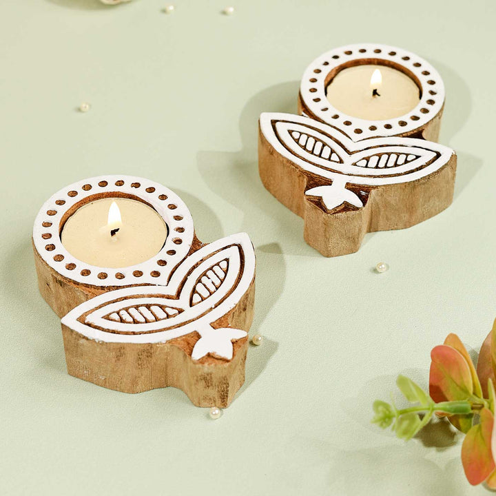 Handmade Carved Flower With Leaf Wooden Block Tealight Holder | Set Of 2