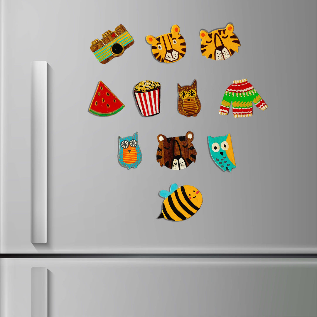 Handpainted Quirky Wooden Rakhi With Roli Chawal 5 - Set Display on Refrigerator Door