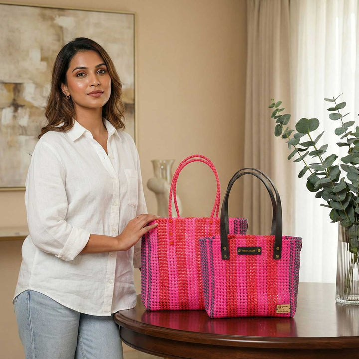Pink And Red Stripes Handmade Wire Koodai Tote Bag