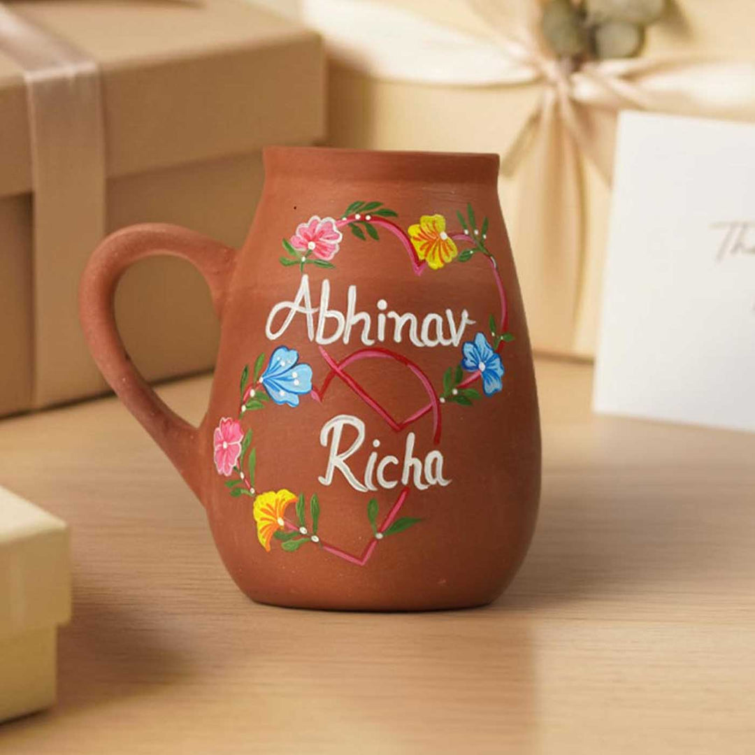 Forever Us Floral Hearts Personalized Handmade Couple Terracotta Mug | 350 ml
