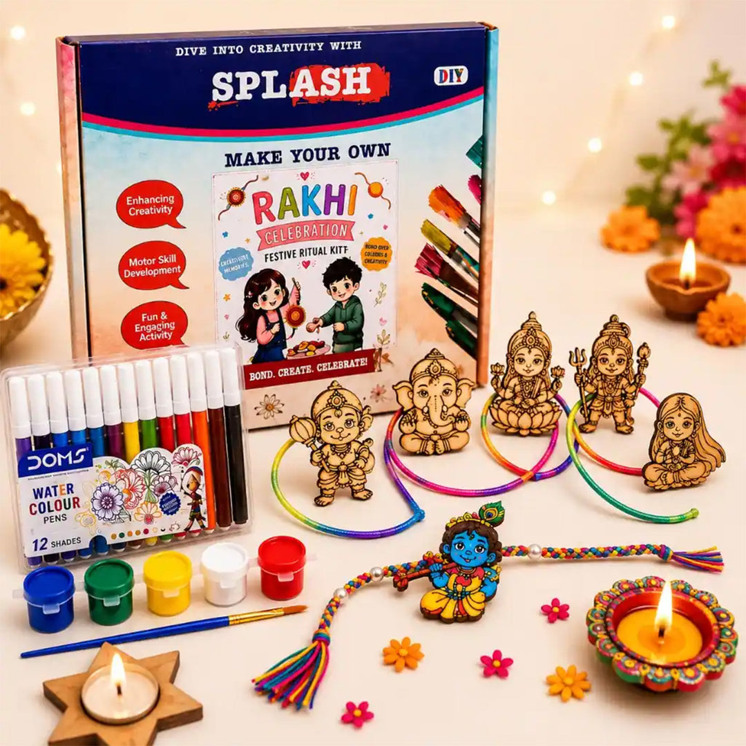 Paint-Your-Own Little God Theme Wooden Rakhi DIY Kit With Diyas Kumkum & Chawal | Set Of 6 | For Kids