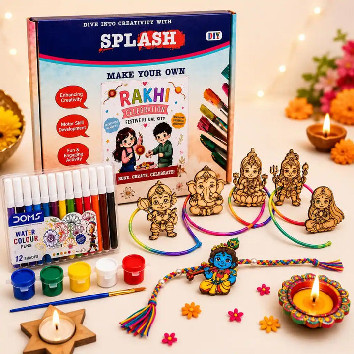 Paint-Your-Own Little God Theme Wooden Rakhi DIY Kit With Diyas Kumkum & Chawal | Set Of 6 | For Kids
