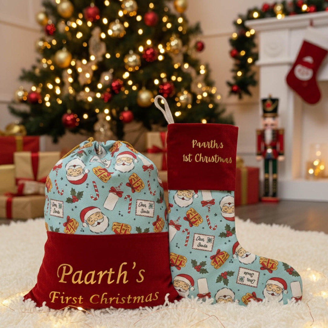 2 Pc | Personalized Baby's First Christmas Stocking And Gift Sack Combo