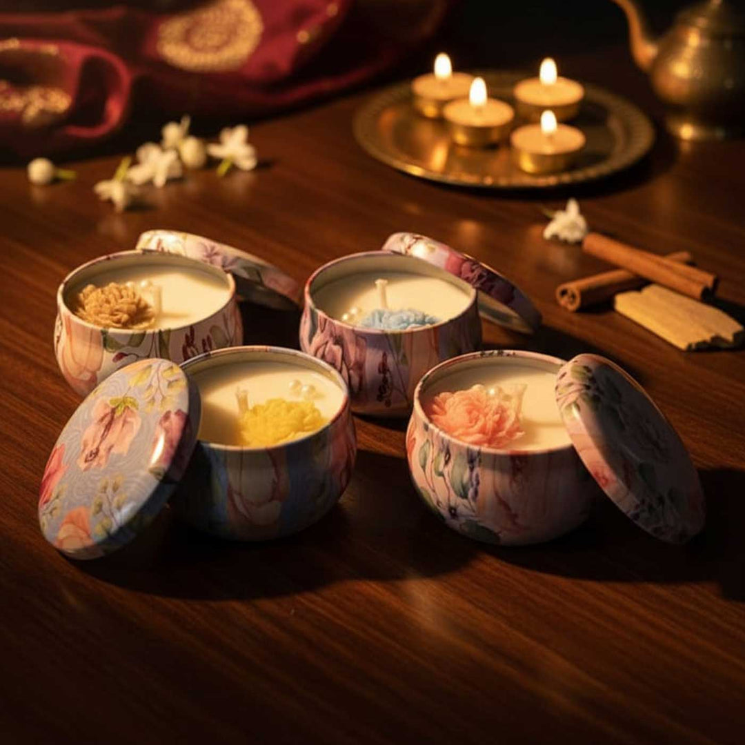 Set Of 4 | Handmade Mandala Design Tin Soy Wax Scented Candle