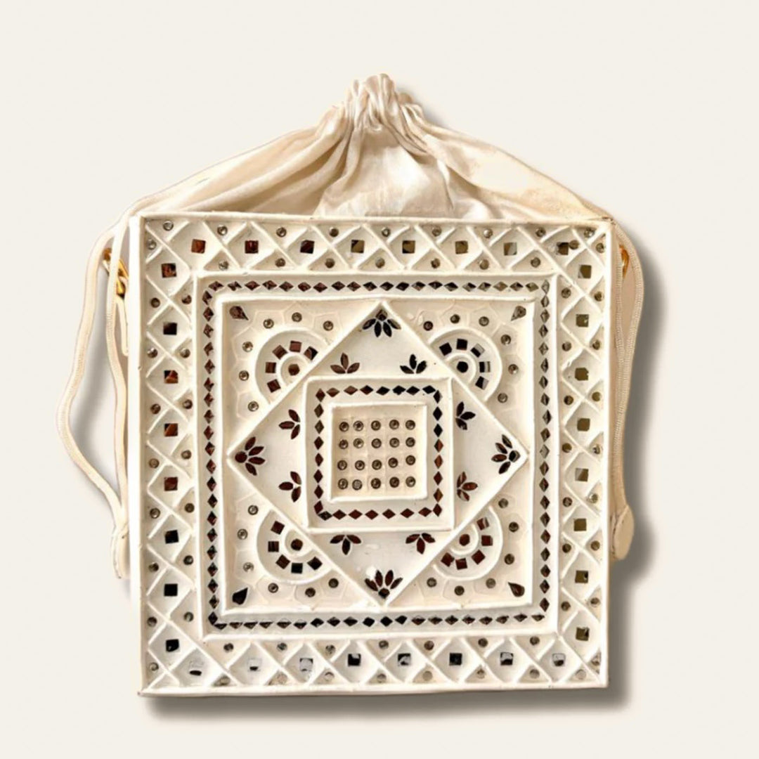 Handcrafted White Mandala Lippan Art Potli Sling Bag
