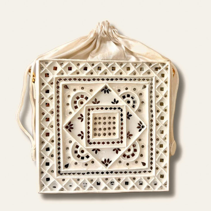 Handcrafted White Mandala Lippan Art Potli Sling Bag