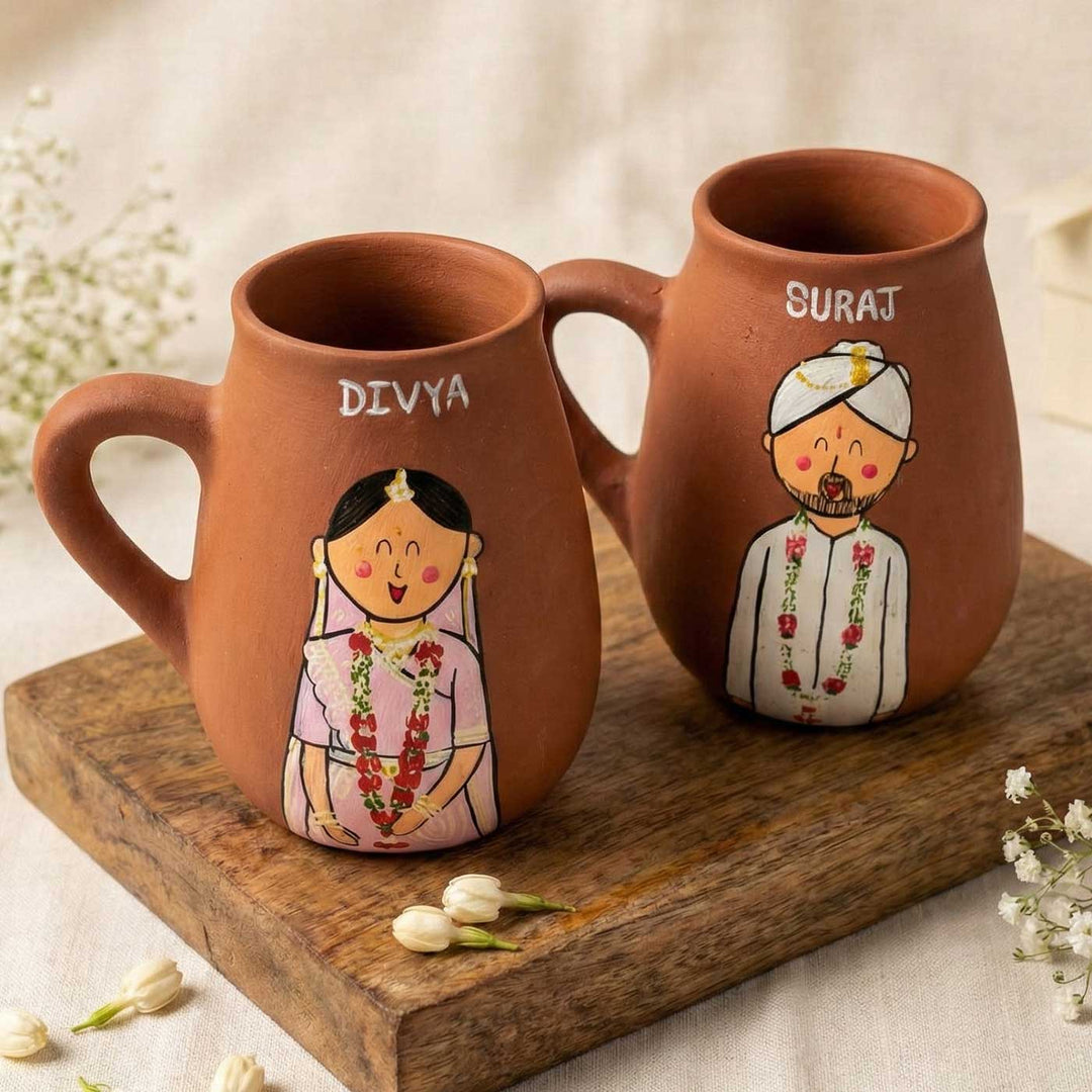 2 Pc | North Indian Couple Personalized Handpainted Terracotta Mug | 450 ml