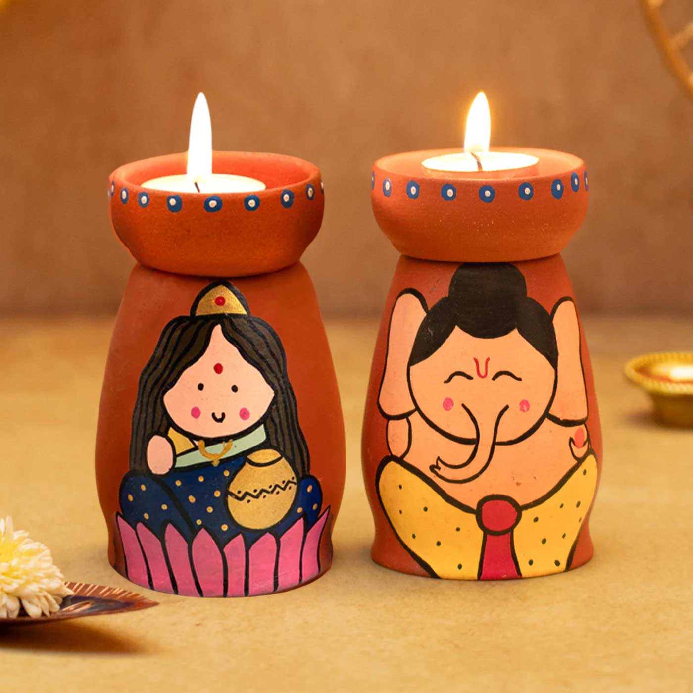 Buy Handpainted Terracotta Tealight Holders with Lakshmi & Ganesh