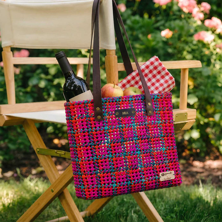 Checkered Pink & Blue Mukhya Knot Handmade Koodai Tote Bag