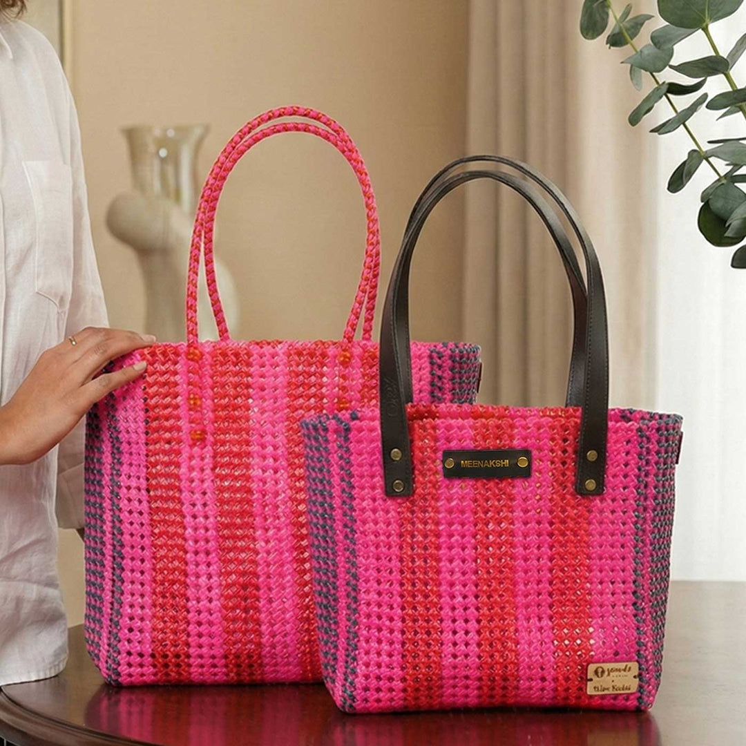 Pink And Red Stripes Handmade Wire Koodai Tote Bag