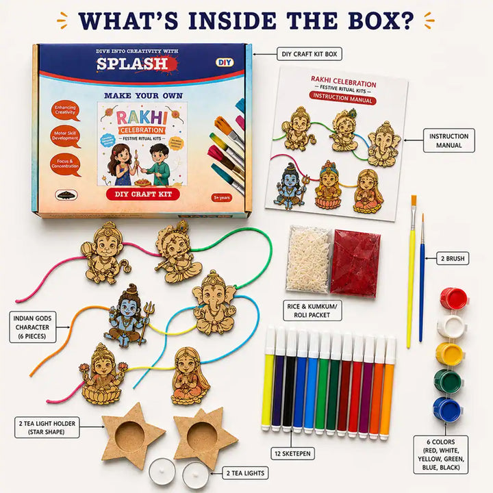 Paint-Your-Own Little God Theme Wooden Rakhi DIY Kit With Diyas Kumkum & Chawal | Set Of 6 | For Kids