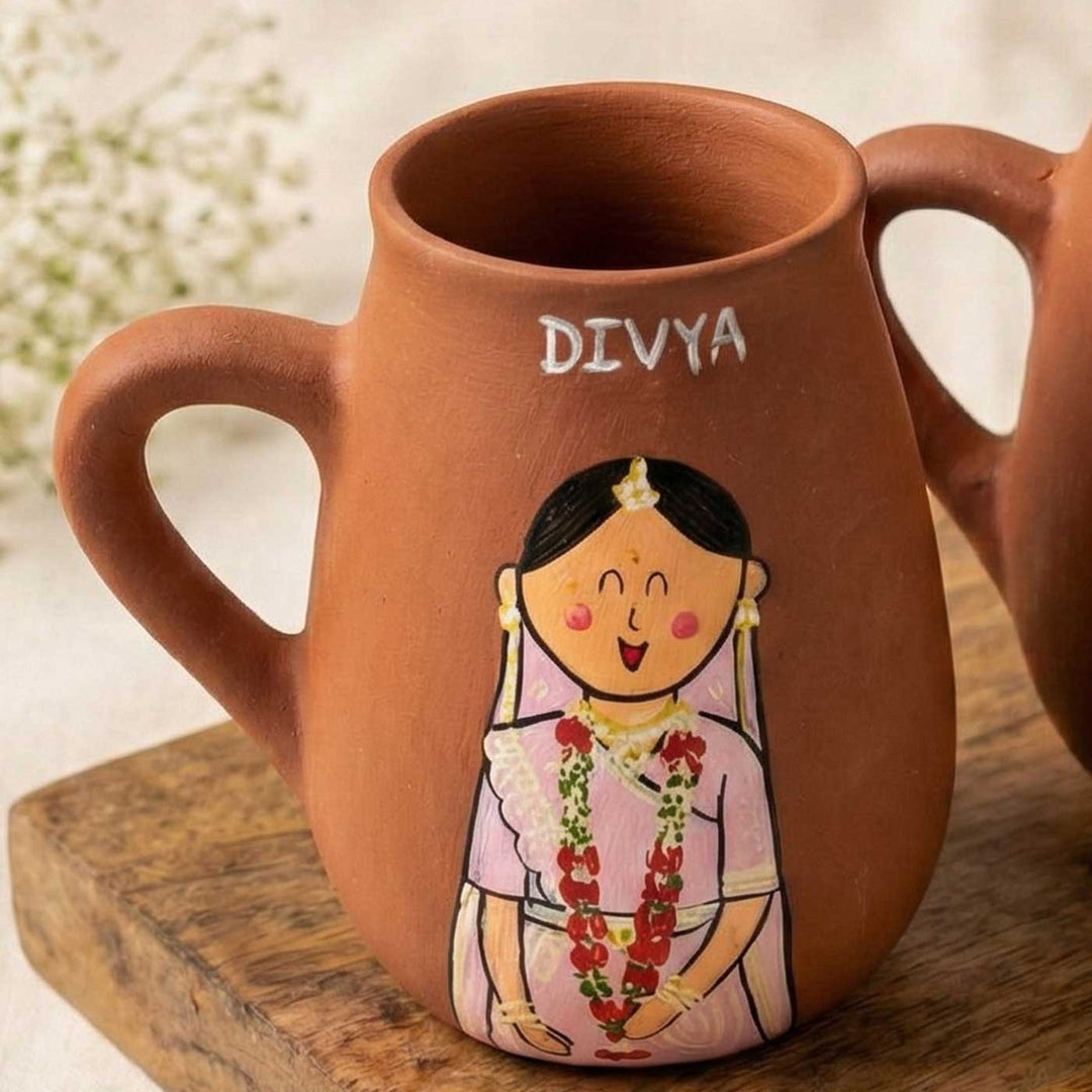2 Pc | North Indian Couple Personalized Handpainted Terracotta Mug | 450 ml