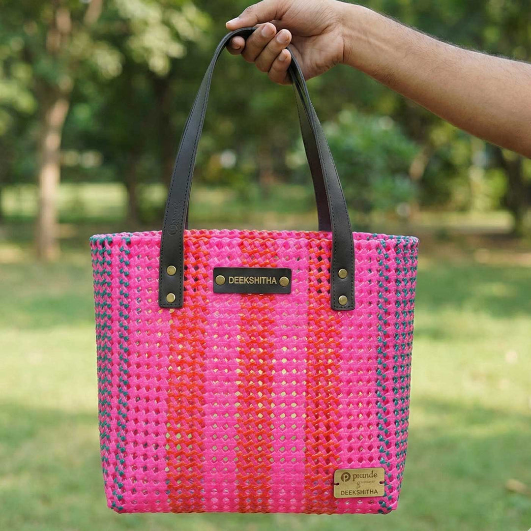 Pink And Red Stripes Handmade Wire Koodai Tote Bag