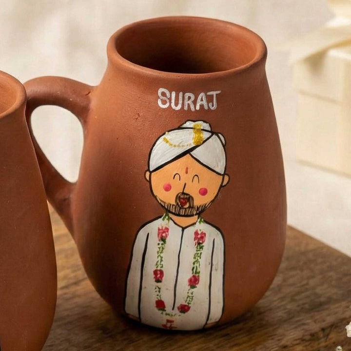 2 Pc | North Indian Couple Personalized Handpainted Terracotta Mug | 450 ml