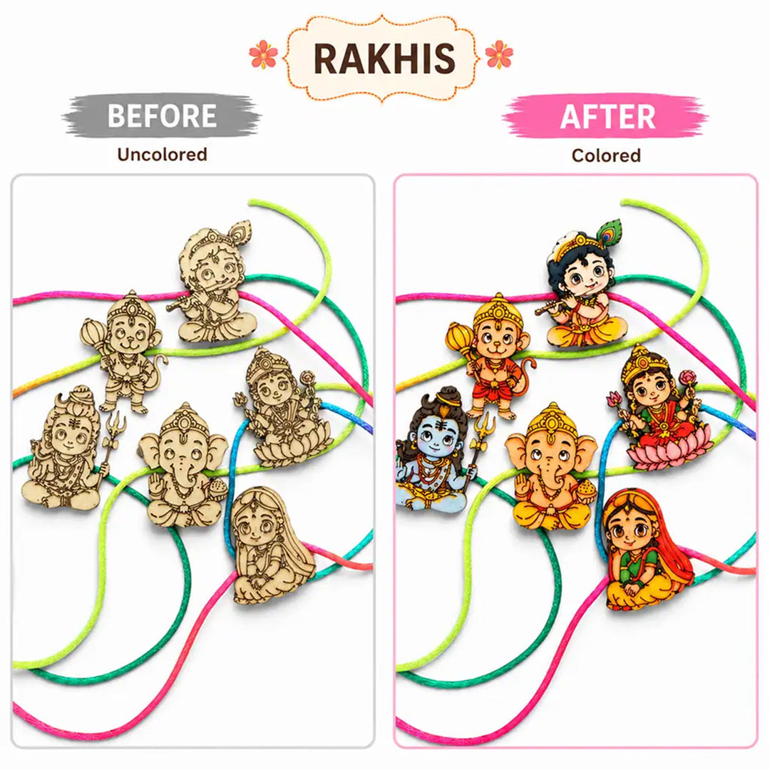 Paint-Your-Own Little God Theme Wooden Rakhi DIY Kit With Diyas Kumkum & Chawal | Set Of 6 | For Kids