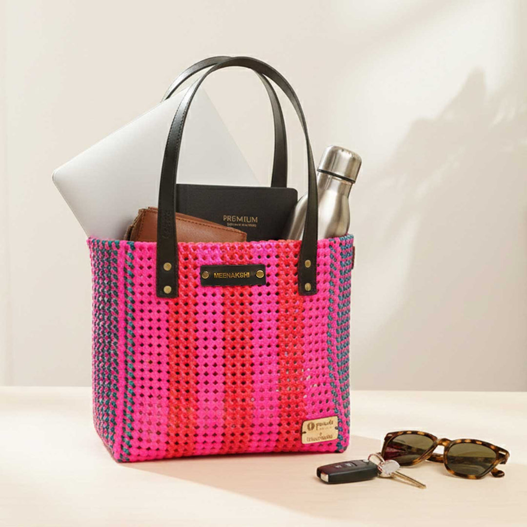 Pink And Red Stripes Handmade Wire Koodai Tote Bag