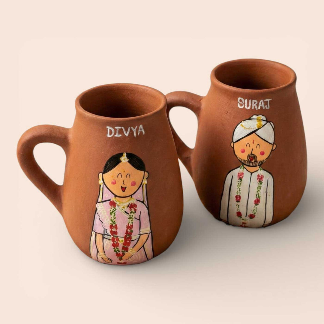 2 Pc | North Indian Couple Personalized Handpainted Terracotta Mug | 450 ml