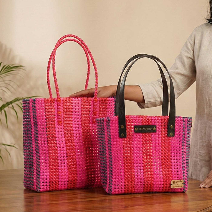 Pink And Red Stripes Handmade Wire Koodai Tote Bag